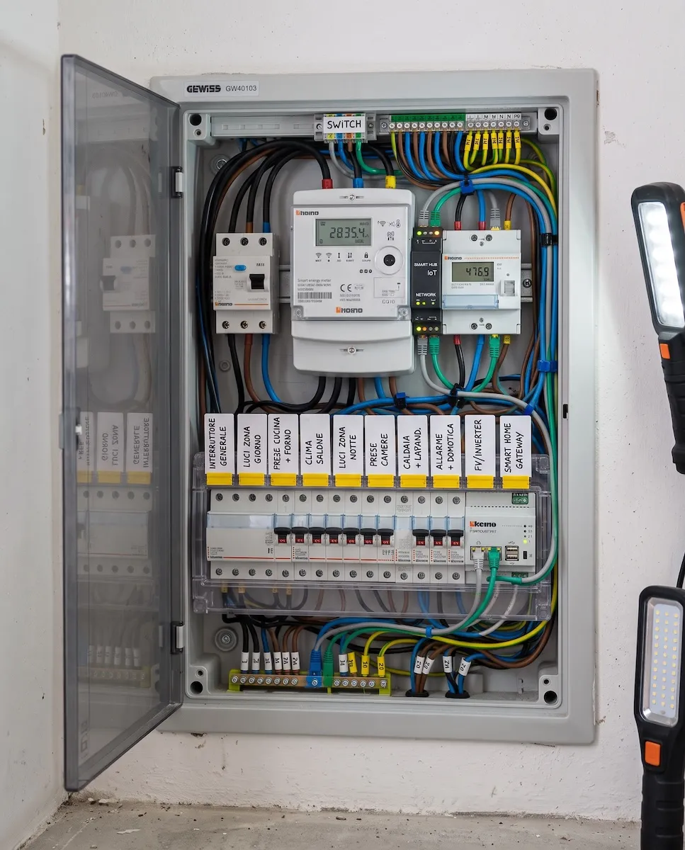 Quadro elettrico aperto con misuratori di energia e interruttori etichettati linea per linea