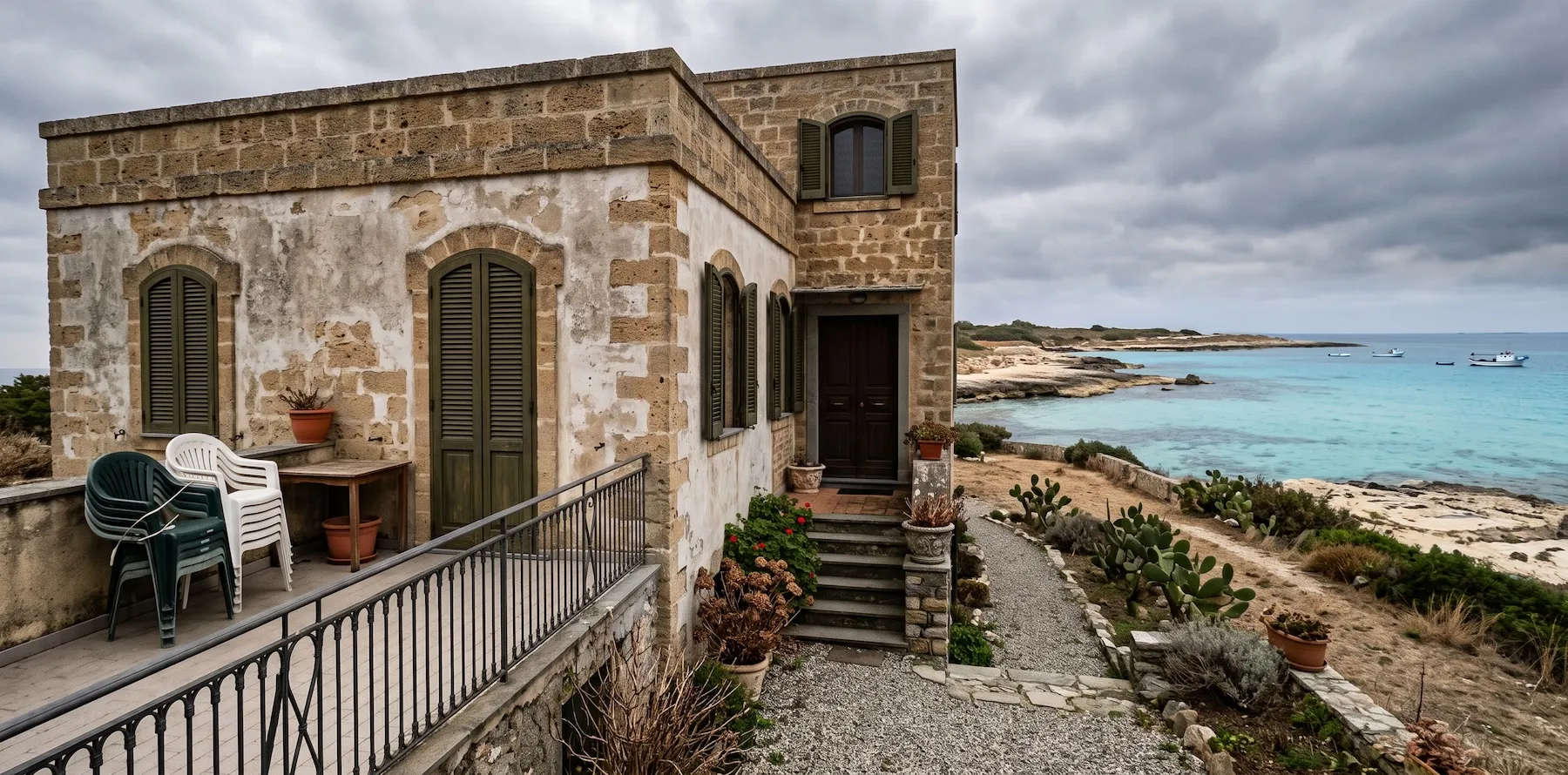 Casa in pietra sul mare fuori stagione, con le persiane chiuse e le sedie impilate sul terrazzo, sotto un cielo coperto